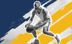 a denver nuggets basketball player looks down the court with a basketball in his hand