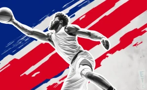 a detroit pistons basketball player looks down the court with a basketball in his hand