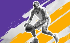 a los angeles lakers basketball player looks down the court with a basketball in his hand