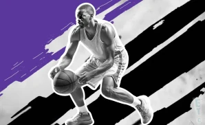 a sacramento kings basketball player looks down the court with a basketball in his hand