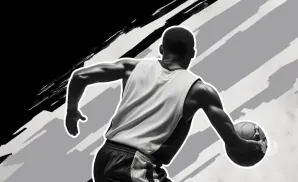 A basketball player dribbles the ball with a graphic background.