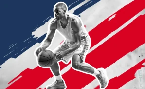 a birmingham squadron basketball player looks down the court with a basketball in his hand