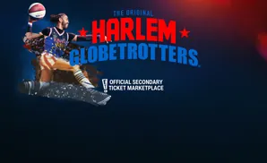The Original Harlem Globetrotters logo with a basketball player on a slide.
