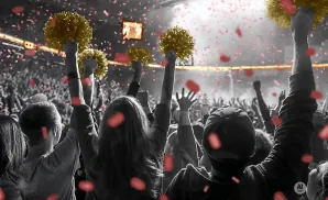 Crowd at a concert with gold pom-poms and red confetti raining down.