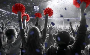 Crowd cheering with red pom-poms and blue confetti, stylized black and white with red and blue accents.