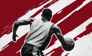 an arkansas razorbacks basketball player looking down the court and dribbling the ball