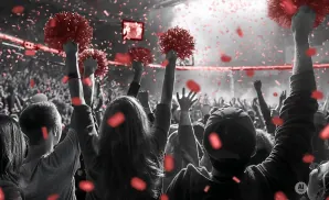 A crowd cheers at a concert or sporting event, with red confetti falling.