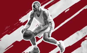 an indiana hoosiers basketball player looking down the court and dribbling the ball