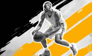 an iowa hawkeyes basketball player looking down the court and dribbling the ball