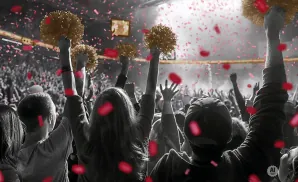A crowd cheers, holding pom-poms and with red confetti falling.