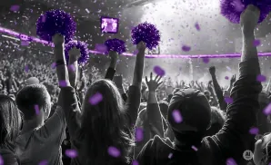 A crowd cheers at a concert, waving purple pom-poms and throwing purple confetti.