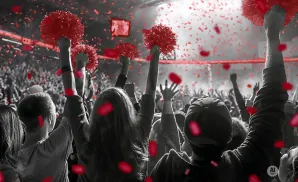 People in a crowd cheering with red pom-poms and confetti.