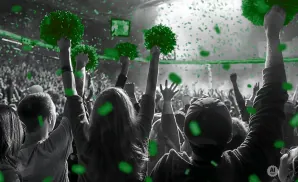 A crowd cheers at an event, raising green pom-poms and throwing green confetti.