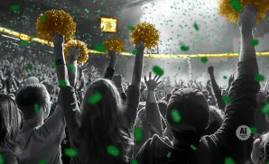Crowd cheering at an event, with pom-poms and green confetti.