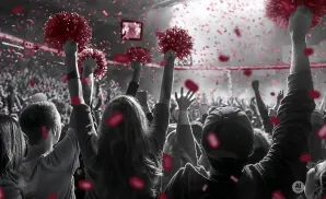 A crowd cheers at a concert or sporting event, with red confetti raining down and pom-poms in the air.