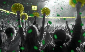 Crowd cheering at a concert, with people holding yellow pom-poms and green confetti falling.