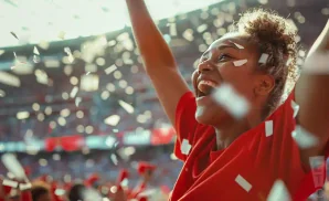 a picture of a washington state cougars fan cheering at her team from the stands 
