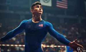 Male gymnast in a blue leotard with the US flag on his chest, with arms outstretched in a stadium.