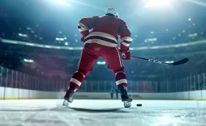 A hockey player in a red uniform skates on an ice rink with a stick.