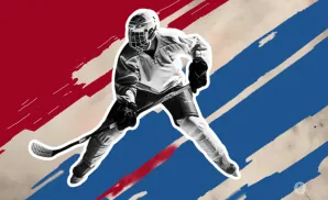 Ice hockey player in mid-action against a red, white, and blue abstract background.