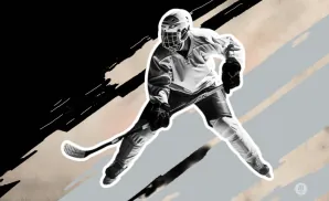 A hockey player in full gear skates with a stick, illustrated in a dynamic, graphic style.