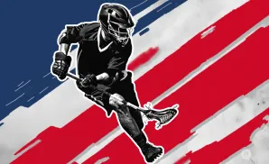 A lacrosse player in action against a stylized American flag background.