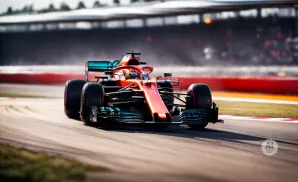 Red Formula 1 race car on a track with spectators in the blurred background.