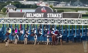 horses lined up for a race at the belmont stakes, 2023.