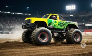 Yellow and green monster truck with a dragon design speeds through dirt at night.