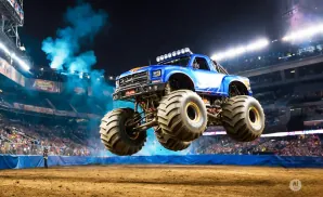 A blue monster truck jumps over a dirt track with stadium seating and lights in the background.