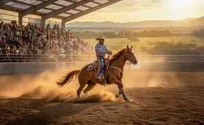A cowboy rides a chestnut horse through dust at sunset in a rodeo arena with spectators.