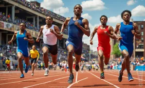 Runners in a track race, with one in a blue singlet leading.