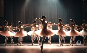 Ballerinas in pink tutus perform on stage under spotlights, with a dark curtain behind them.