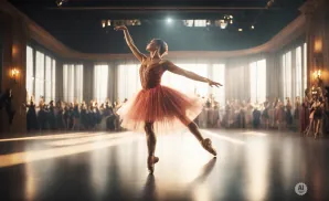 A ballerina in a red tutu performs on a stage with an audience watching.
