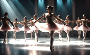 A group of ballerinas in pink tutus dance on stage under spotlights.