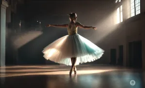 Ballerina in a lit studio, performing a graceful pose with arms outstretched and a flowing tutu.