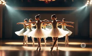 A group of ballerinas in tutus on stage, illuminated by spotlights.