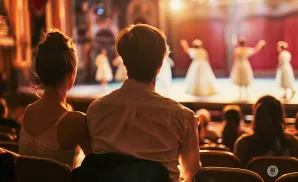 Couple watches ballet performance from audience seats, with dancers in white dresses on stage.