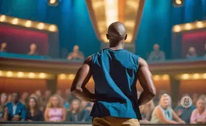 Bald man in blue sleeveless shirt facing away from camera on stage, audience seated below.
