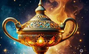 An ornate golden genie lamp with intricate designs and jewels, emitting a warm glow against a starry night sky.