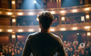 A young man stands on stage in a spotlight, facing an audience in a grand theater.