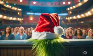 The Grinch in a Santa hat with bright green fur sits in front of a blurred audience in a theater.