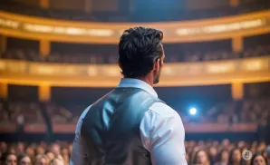 Man in suit facing away from camera on stage in front of an audience in a theater.