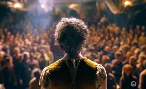 Back view of a person with curly hair facing a large, blurred audience in a dimly lit venue.