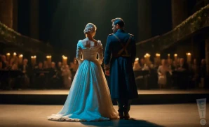 a rear-view photograph depicting two opera performers on stage in duke bluebeard’s castle.