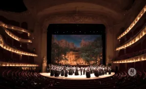 A full shot of a large opera house with a choir on stage and an audience seated in the orchestra and balconies.