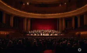 An orchestra performs on stage in a grand concert hall to a seated audience.