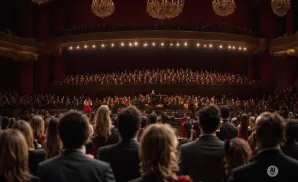 An orchestra performs on stage in a grand concert hall, with a conductor leading and a singer in a red dress.