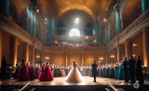 An orchestra performs in a grand, ornate hall filled with people in formal attire.