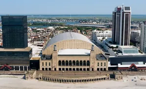 Aerial view of the Atlantic City boardwalk with the Taj Mahal casino, Trump Plaza, and the Convention Center.